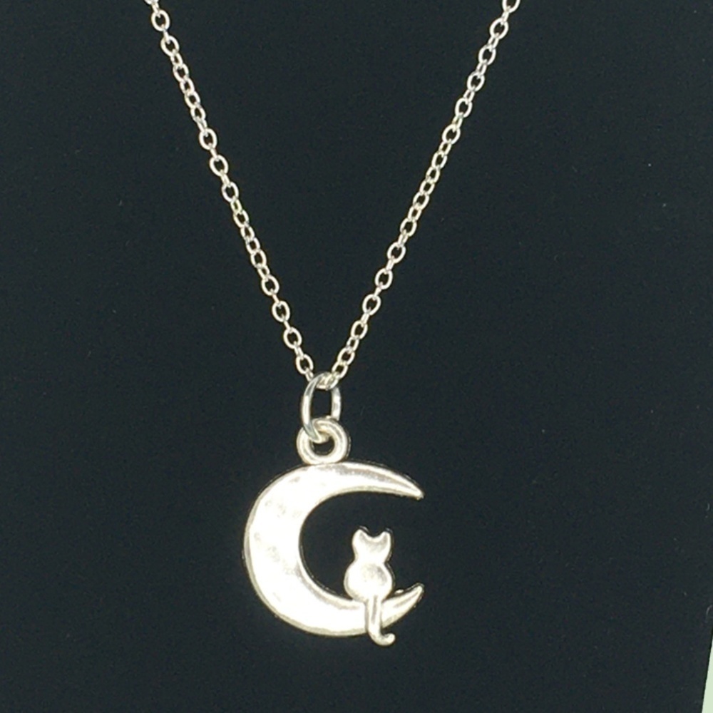 SILVER Plate Chain Kitty on Quarter Moon Necklace Hand-Crafted